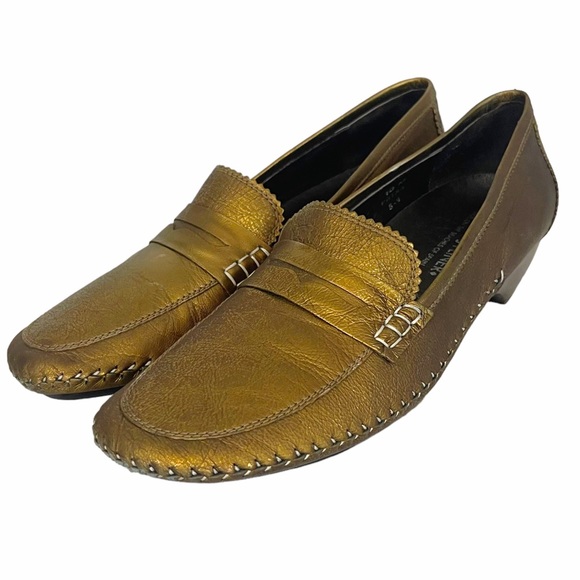 PETRA Donald J Pliner Bronze Metallic Leather Slip On Heeled Loafer - Picture 2 of 12